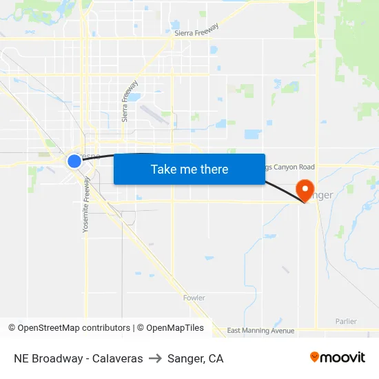 NE Broadway - Calaveras to Sanger, CA map