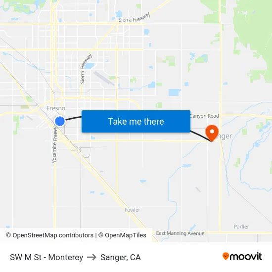 SW M St - Monterey to Sanger, CA map