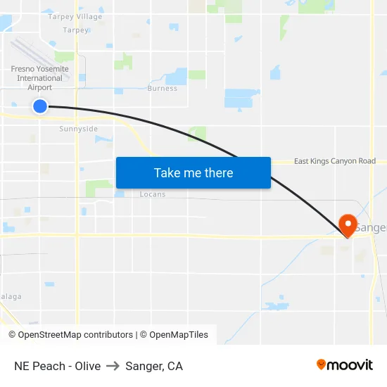 NE Peach - Olive to Sanger, CA map
