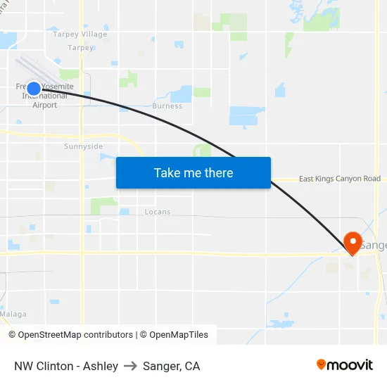 NW Clinton - Ashley to Sanger, CA map