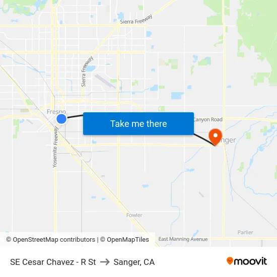 SE Cesar Chavez - R St to Sanger, CA map