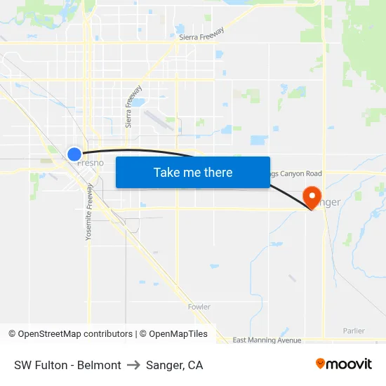 SW Fulton - Belmont to Sanger, CA map