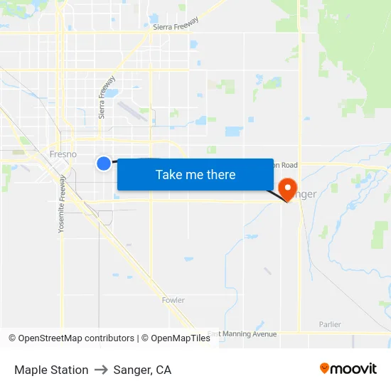 Maple Station to Sanger, CA map