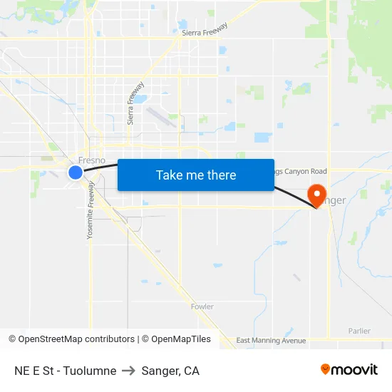 NE E St - Tuolumne to Sanger, CA map