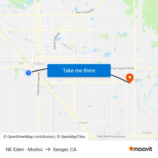 NE Eden - Modoc to Sanger, CA map
