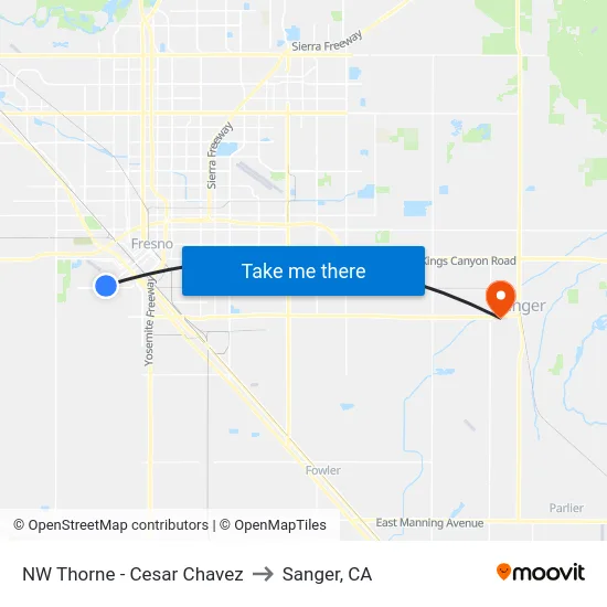 NW Thorne - Cesar Chavez to Sanger, CA map