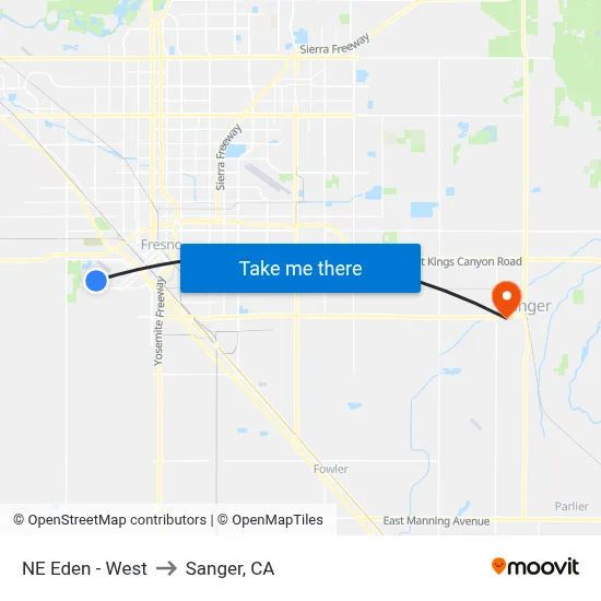 NE Eden - West to Sanger, CA map
