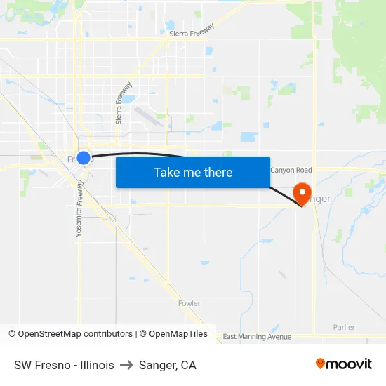 SW Fresno - Illinois to Sanger, CA map