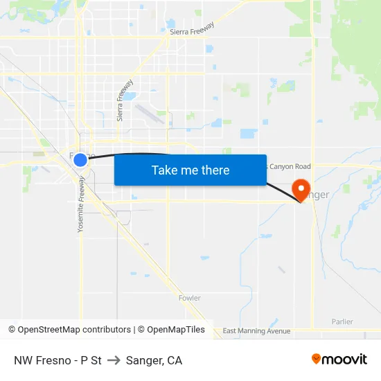 NW Fresno - P St to Sanger, CA map