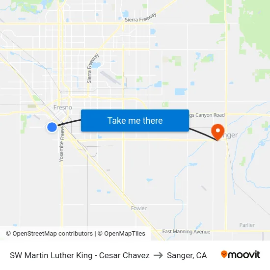 SW Martin Luther King - Cesar Chavez to Sanger, CA map