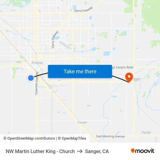 NW Martin Luther King - Church to Sanger, CA map