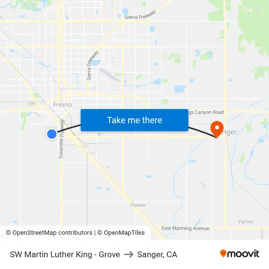 SW Martin Luther King - Grove to Sanger, CA map