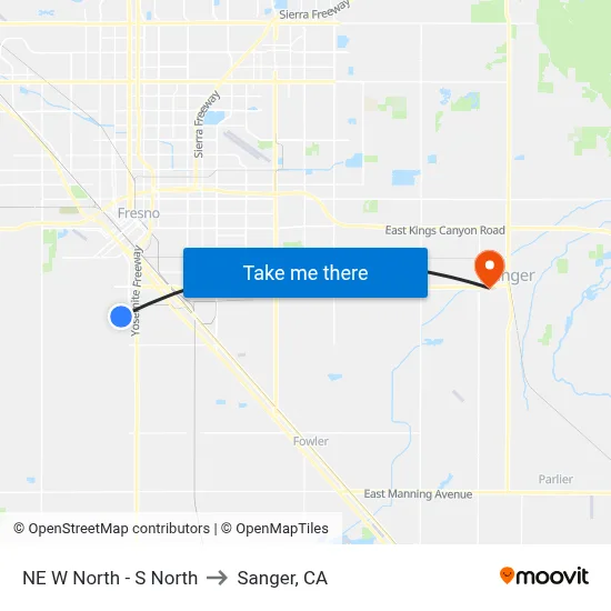 NE W North - S North to Sanger, CA map