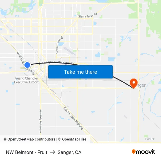 NW Belmont - Fruit to Sanger, CA map