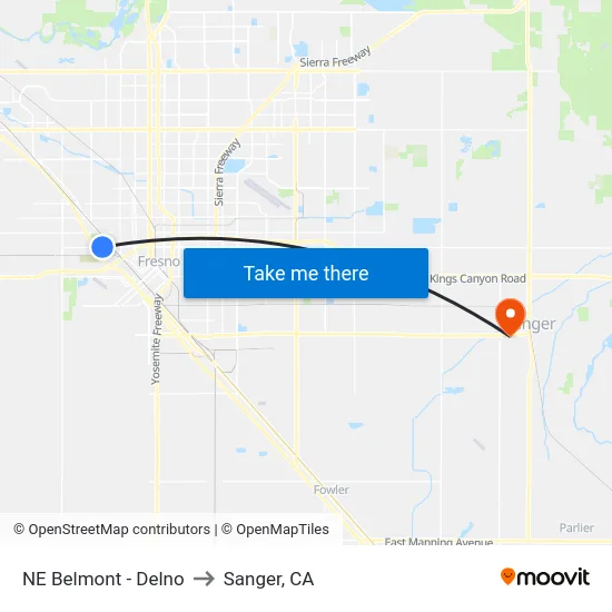 NE Belmont - Delno to Sanger, CA map
