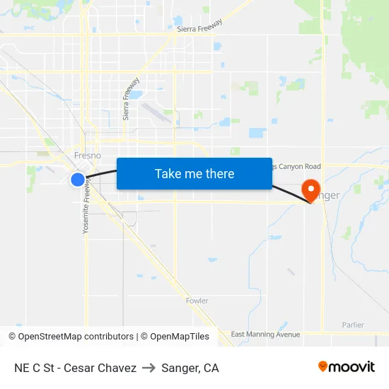 NE C St - Cesar Chavez to Sanger, CA map