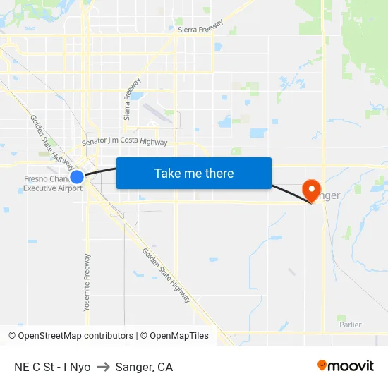 NE C St - I Nyo to Sanger, CA map