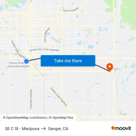 SE C St - Mariposa to Sanger, CA map