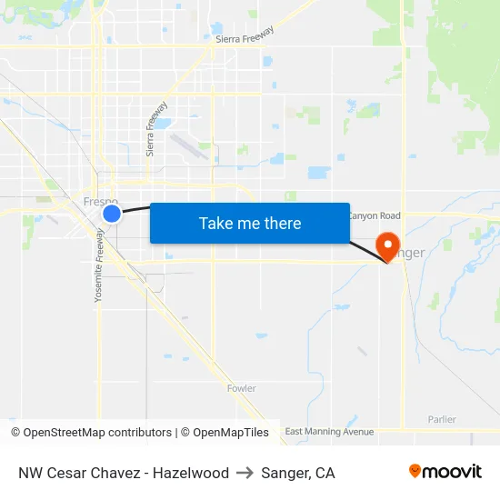 NW Cesar Chavez - Hazelwood to Sanger, CA map