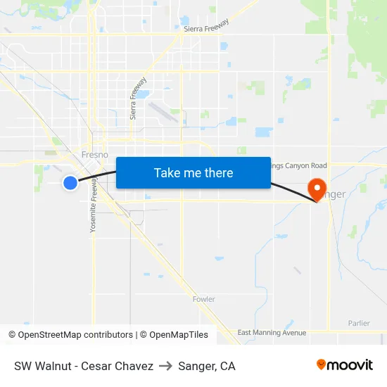SW Walnut - Cesar Chavez to Sanger, CA map