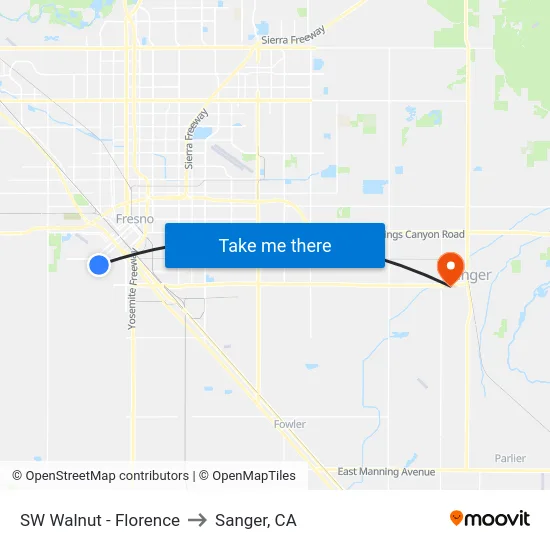 SW Walnut - Florence to Sanger, CA map