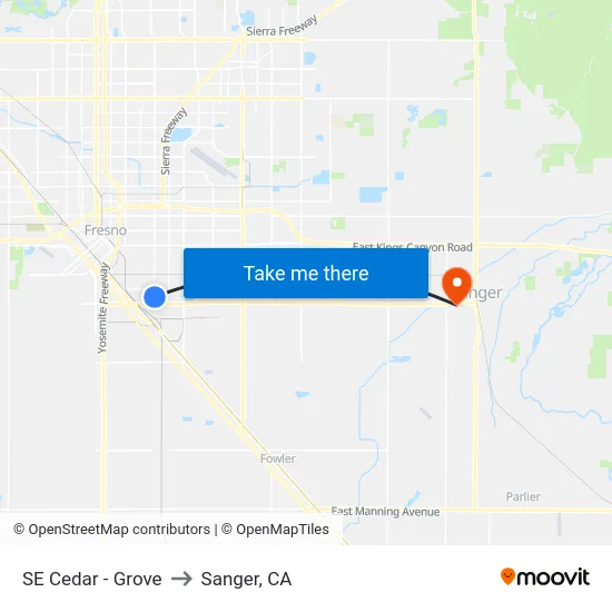 SE Cedar - Grove to Sanger, CA map
