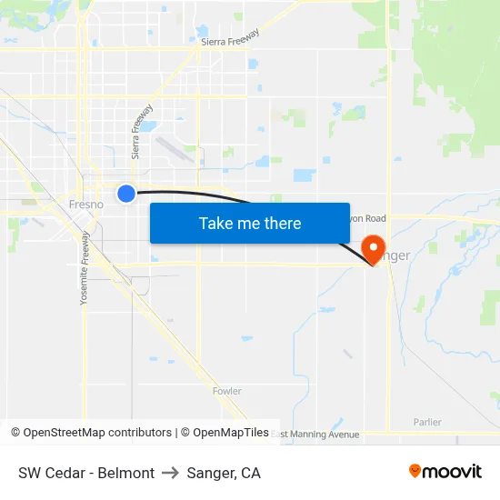 SW Cedar - Belmont to Sanger, CA map