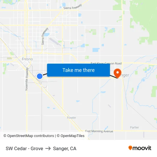 SW Cedar - Grove to Sanger, CA map