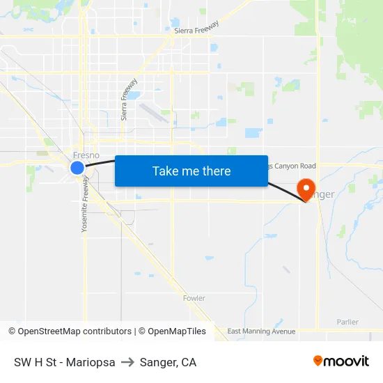 SW H St - Mariopsa to Sanger, CA map