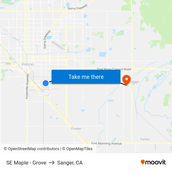 SE Maple - Grove to Sanger, CA map