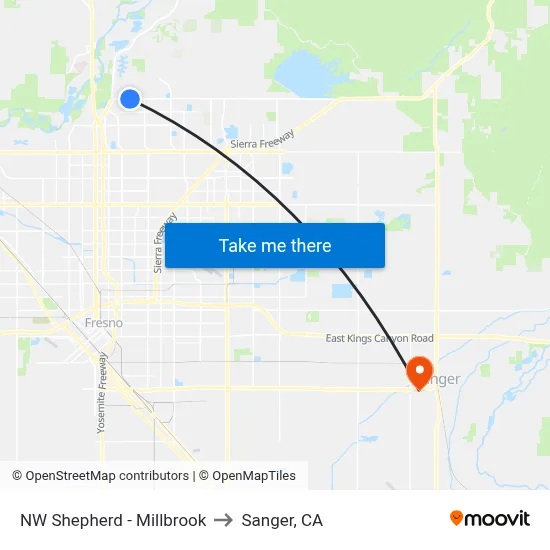 NW Shepherd - Millbrook to Sanger, CA map