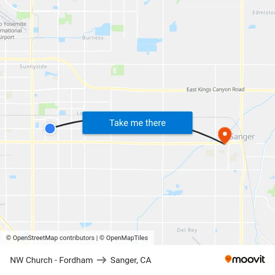 NW Church - Fordham to Sanger, CA map