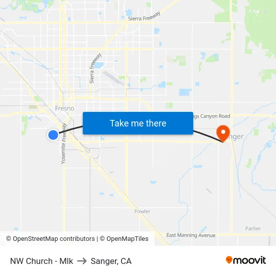 NW Church - Mlk to Sanger, CA map