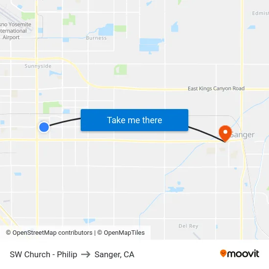 SW Church - Philip to Sanger, CA map