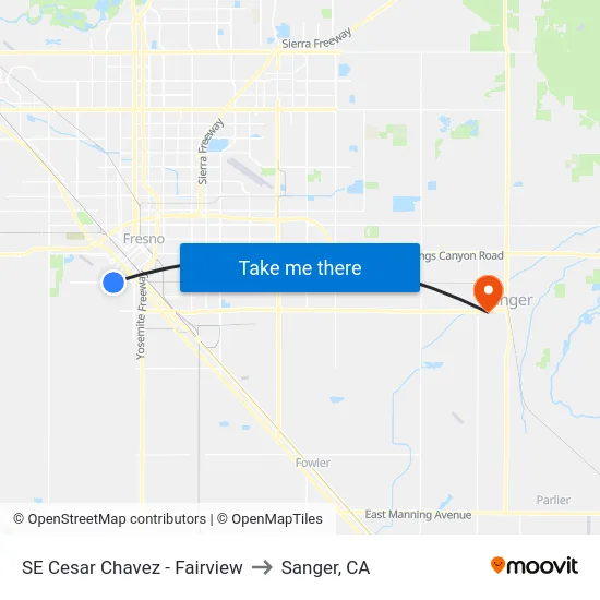 SE Cesar Chavez - Fairview to Sanger, CA map