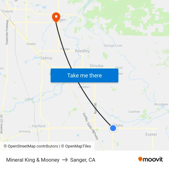 Mineral King & Mooney to Sanger, CA map