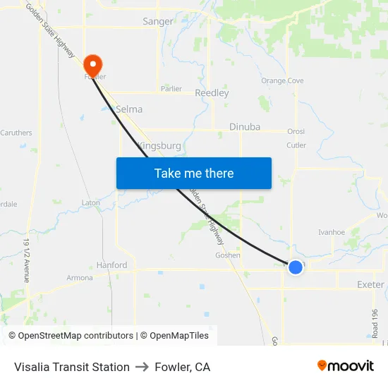 Visalia Transit Station to Fowler, CA map