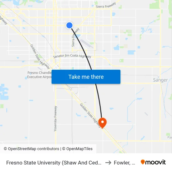 Fresno State University (Shaw And Cedar) to Fowler, CA map