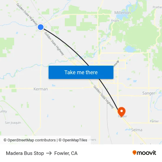 Madera Bus Stop to Fowler, CA map