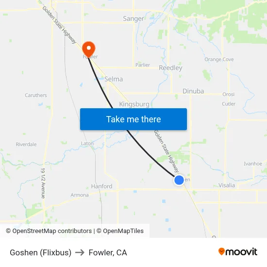Goshen (Flixbus) to Fowler, CA map