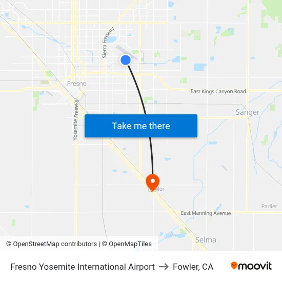 Fresno Yosemite International Airport to Fowler, CA map