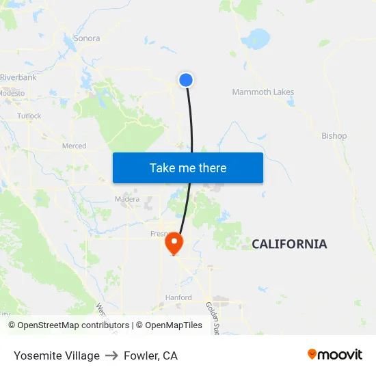 Yosemite Village to Fowler, CA map