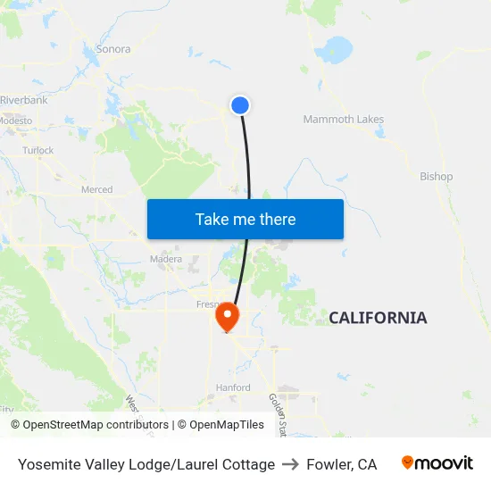 Yosemite Valley Lodge/Laurel Cottage to Fowler, CA map