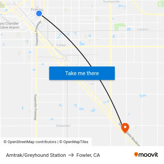 Amtrak/Greyhound Station to Fowler, CA map