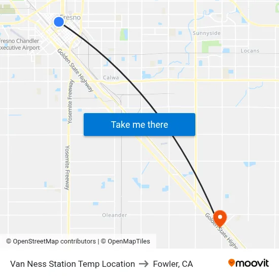 Van Ness Station Temp Location to Fowler, CA map