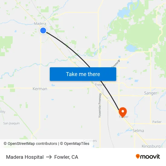 Madera Hospital to Fowler, CA map
