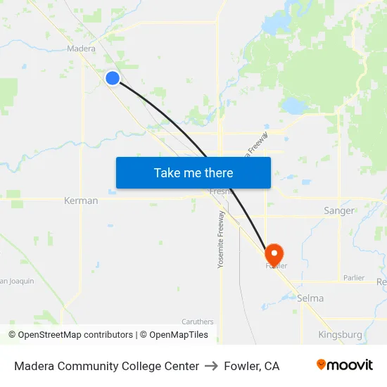 Madera Community College Center to Fowler, CA map