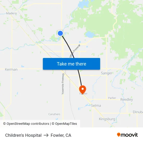 Children's Hospital to Fowler, CA map