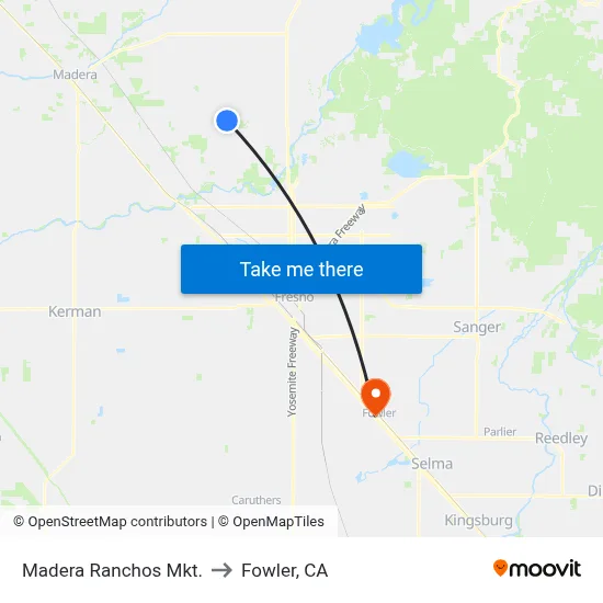 Madera Ranchos Mkt. to Fowler, CA map