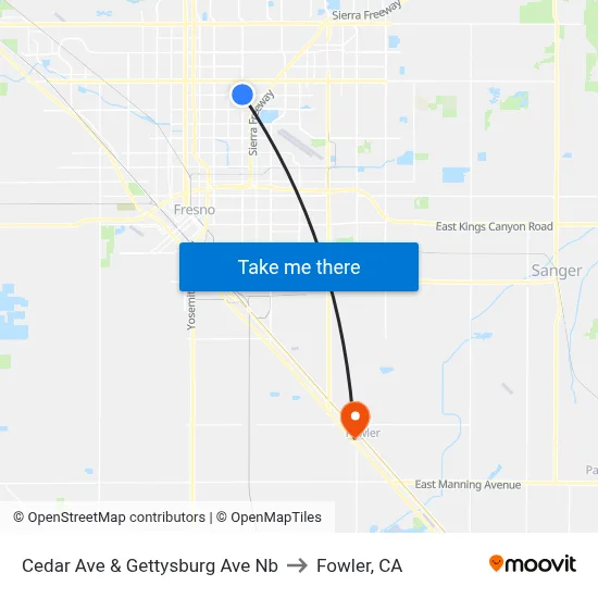 Cedar Ave & Gettysburg Ave Nb to Fowler, CA map